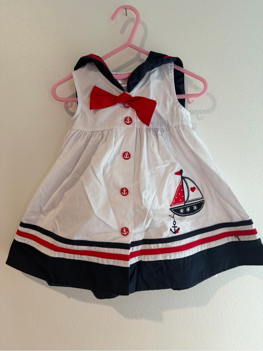 Sailboat Embroidered White & Navy Girls' Nautical Dress with Red Bow